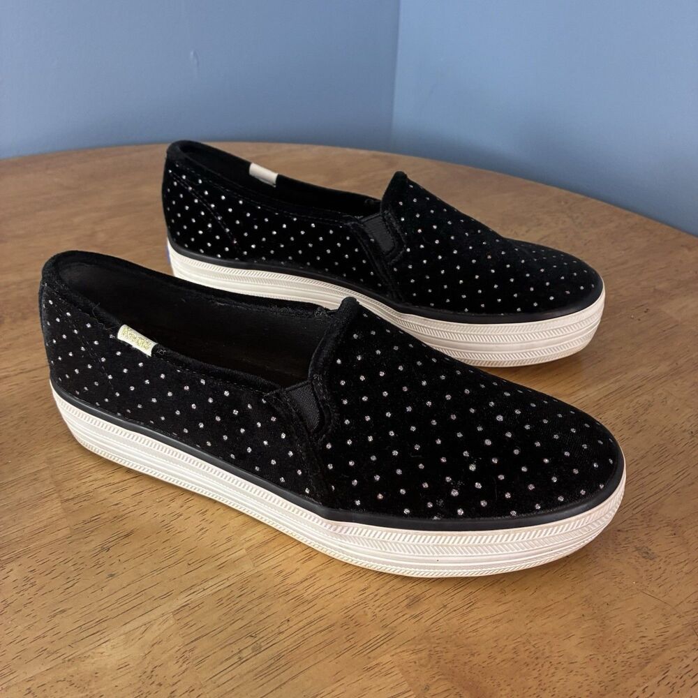 Keds x Kate Spade Women’s Velour Slip On Sneakers Black Sparkle Polka Dot Sz 7.5